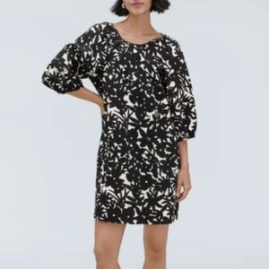 Everlane Black White Floral Seersucker Dress 3/4 Sleeve Pockets XXS